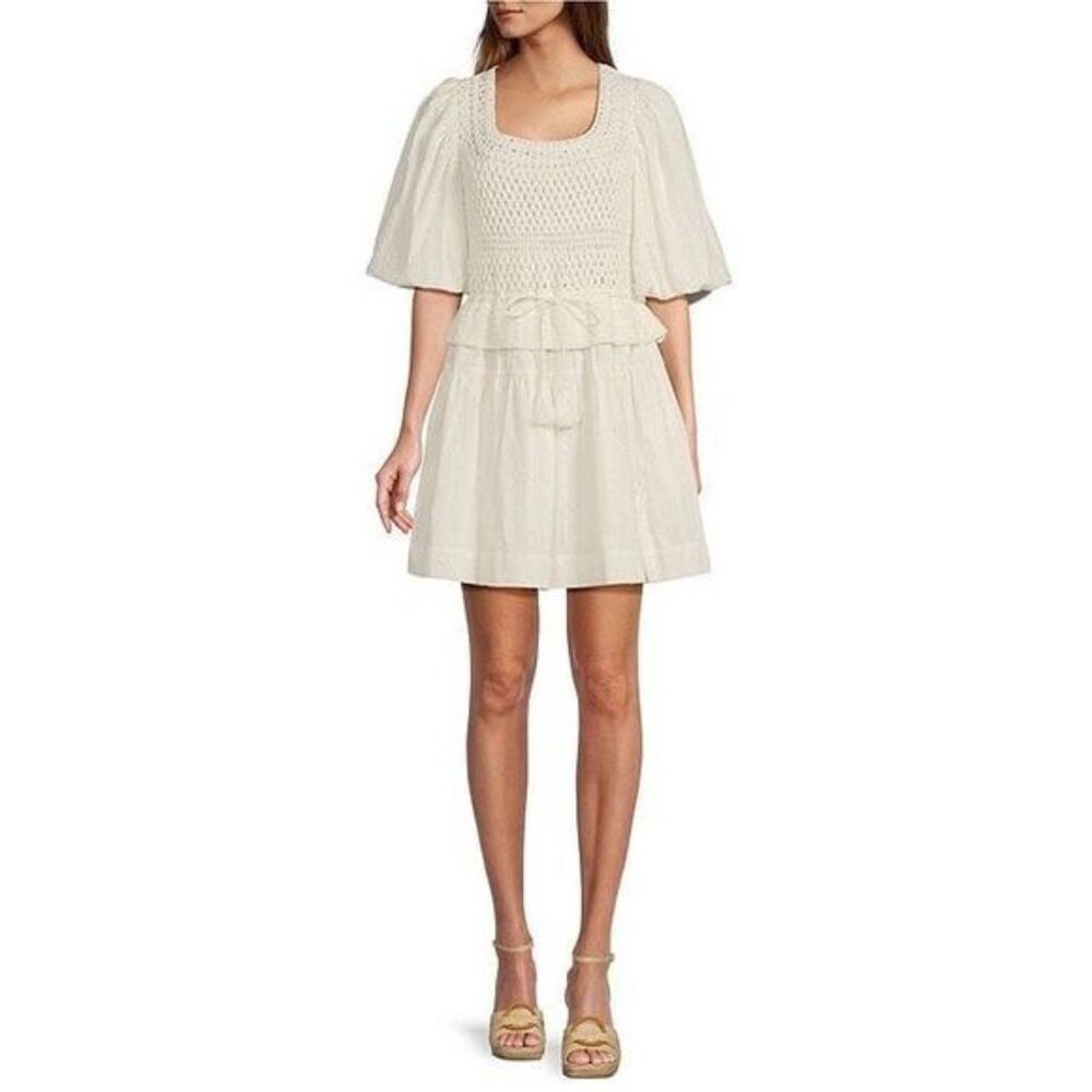 NWT A Loves A Crochet Mixed Media Babydoll Baby Doll Mini Dress White